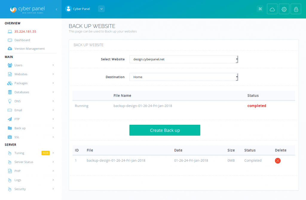 Control Panel for OpenLiteSpeed: Backup